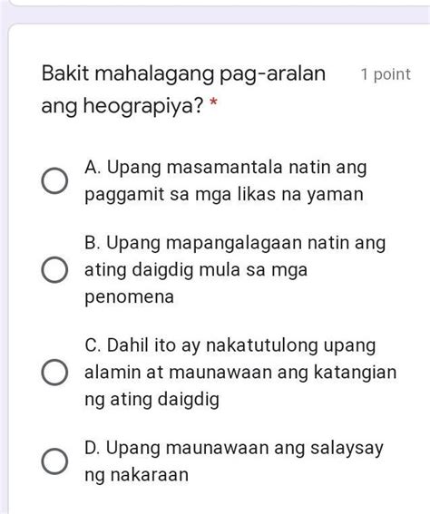 Advertisement New questions in Araling Panlipunan Katangiang kabihasnan ng marcopper mining disaster philippines. . Bakit mahalagang pag aralan ang heograpiya brainly